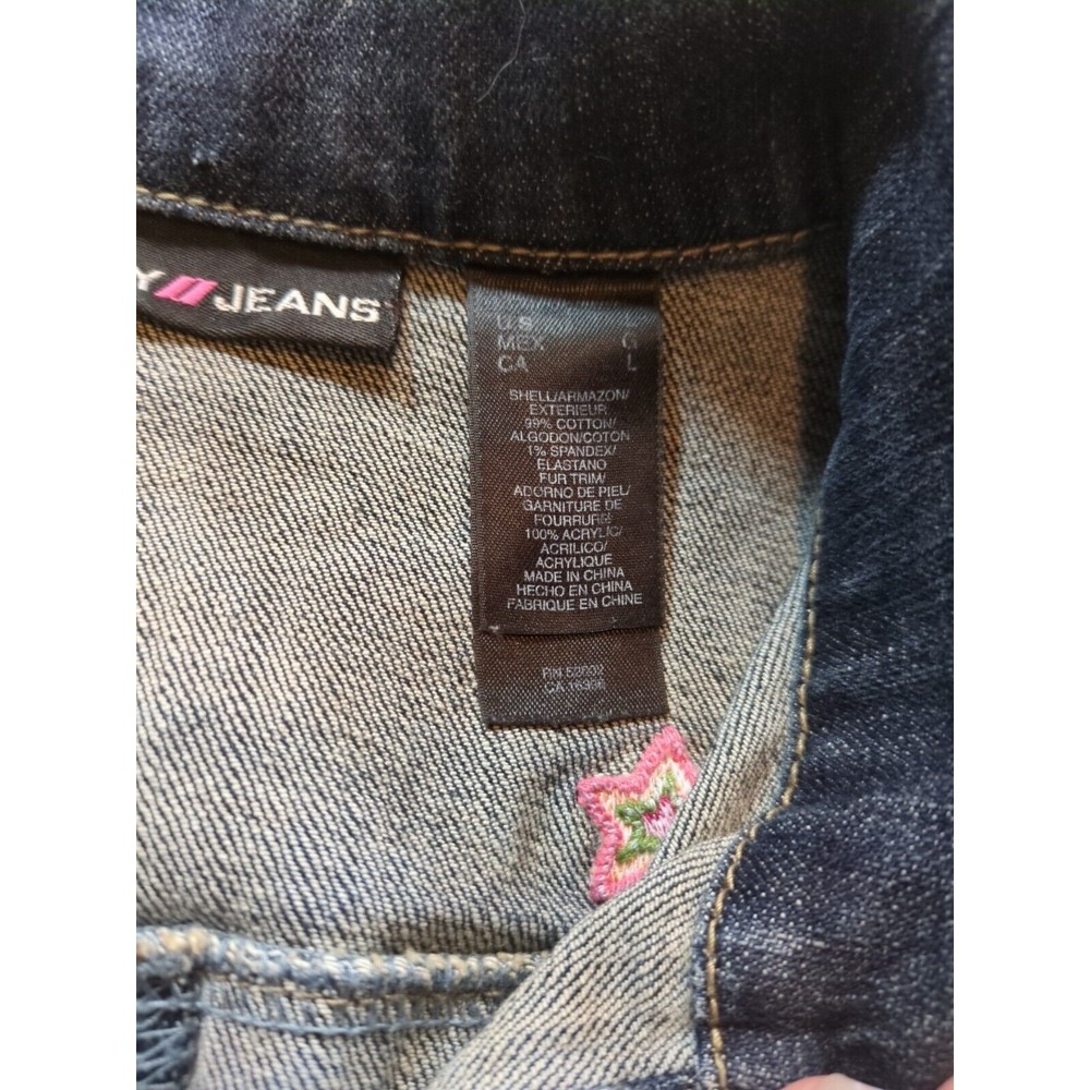 DKNY Juniors Jacket Blue Denim Collared Buttons Patches And Heart Logo Size L - Picture 9 of 16